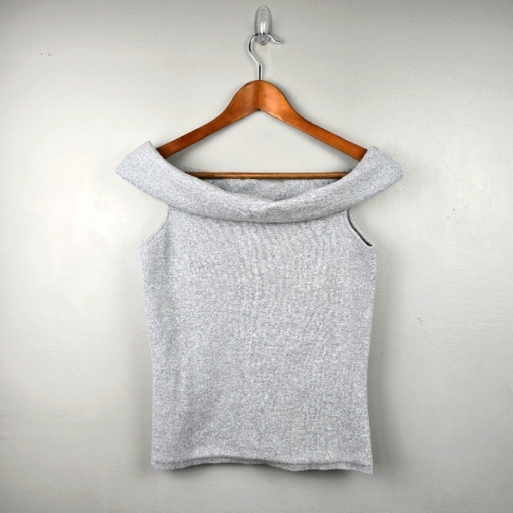 ANN TAYLOR Old Money Off Shoulder Top Metallic Blend Gray Womens Size‎ XSP Chic